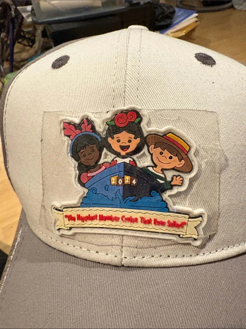Disney Vacation Club Trucker Hat with Multi-Character Patch - White & Gray